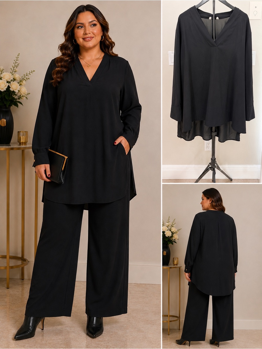 Black Sheer Chiffon High Low Tunic Blouse Classic Chic Glam